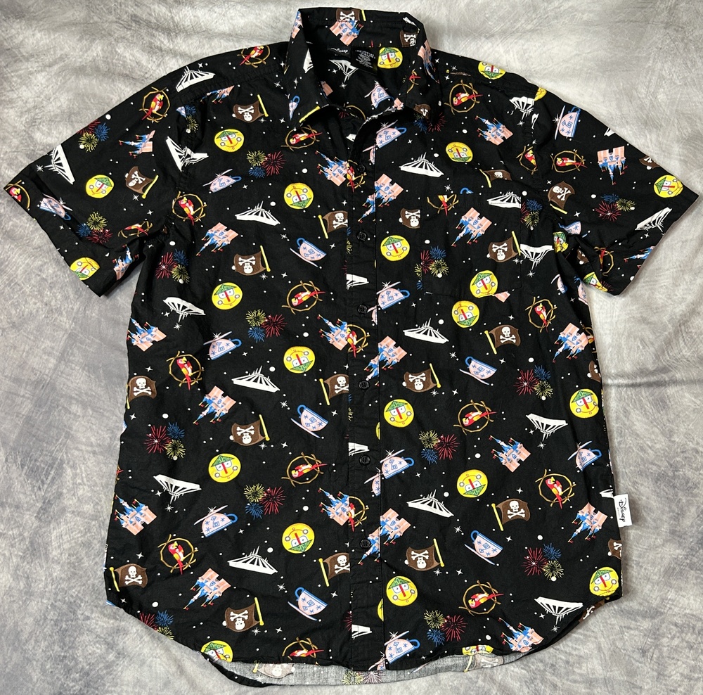 Disney Shirt Mens Small Multicolor Parks Icons Button Up Short Sleeve